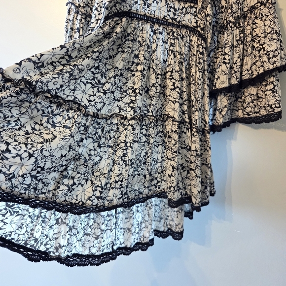 Free People Black Cream Kristall Mini Tiered Backless Dress Size S Boho peasant - Picture 7 of 12